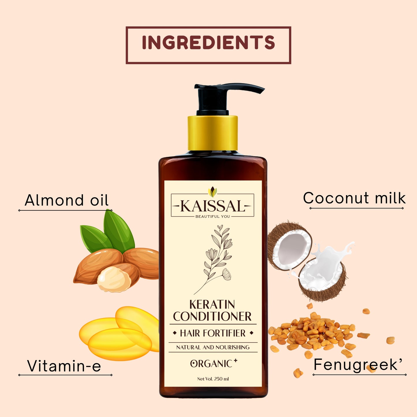 Kaissal Keratin Conditioner: Infused with Coconut Milk & Almond Oil for Smooth Hair - 250gm