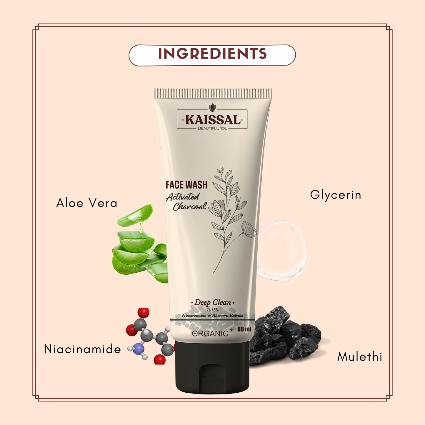 Charcoal Facewash- Niacinamide & Aloevera Extracts - 60 ML